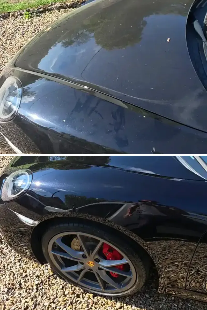 Before and after of a black Porsche Boxster, with dusty paint on top and glossy paint below.