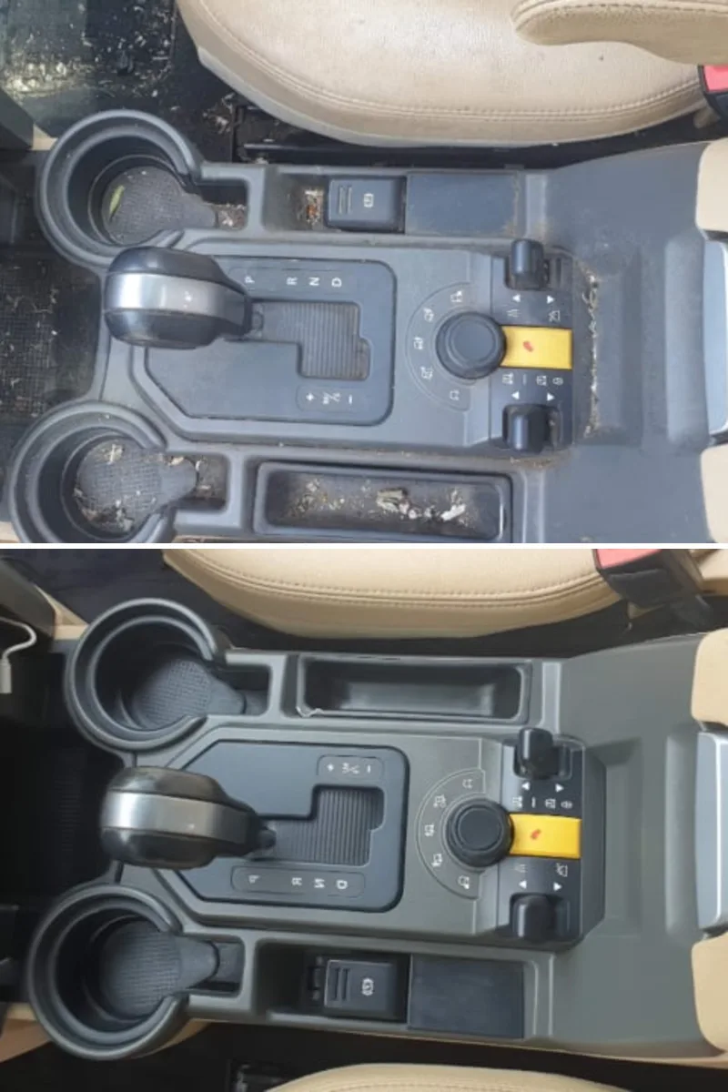 Before and after of a centre console, with crumbs and dust on top and cleaned below.