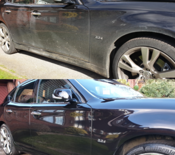 A before and after of car cleaning. The first photo is dirty and the second is sparkling like it is brand new