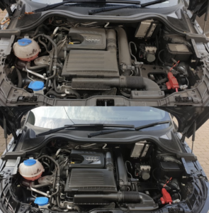 before and after of an engine clean with our car detailing options
