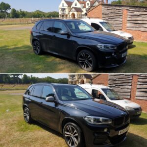 A before and after photo of a car during our exterior wash serivces