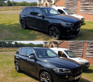 A before and after photo of a car during our exterior wash serivces
