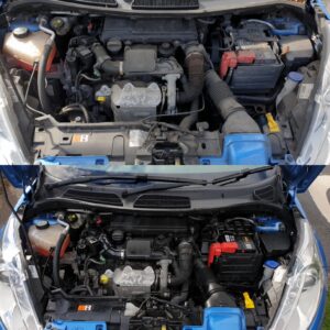 the inside of an engine bay before and after our service