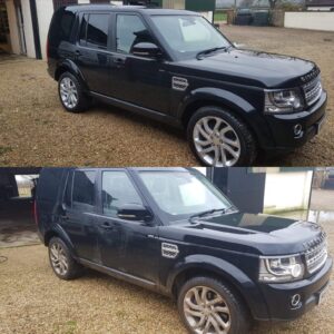 The before and after of exterior cleaning on a land rover