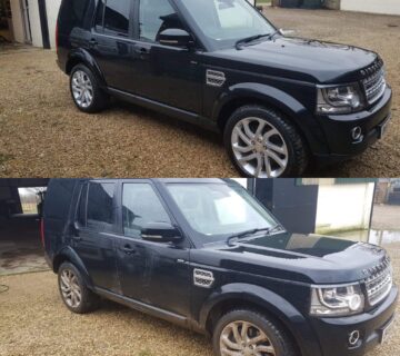 A before and after photo of a range rover after receiving a winter car wash